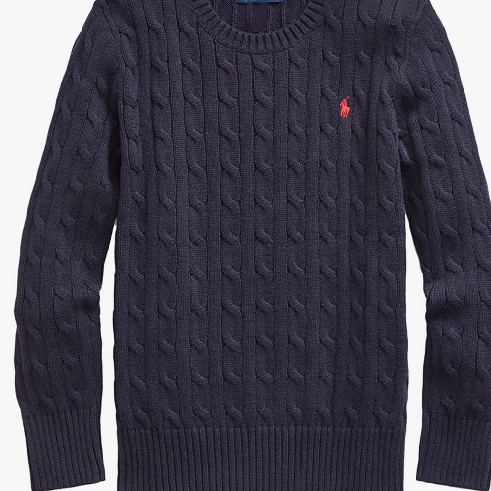 Polo Ralph Lauren Big Boy's Navy w/ Red Polo Cable-Knit Crewneck Sweater Sz XL